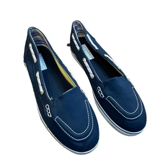 Sperry Topsiders Canvas Boat Shoes Flat Loafers Navy Blue Slip-On 9 - Picture 1 of 9